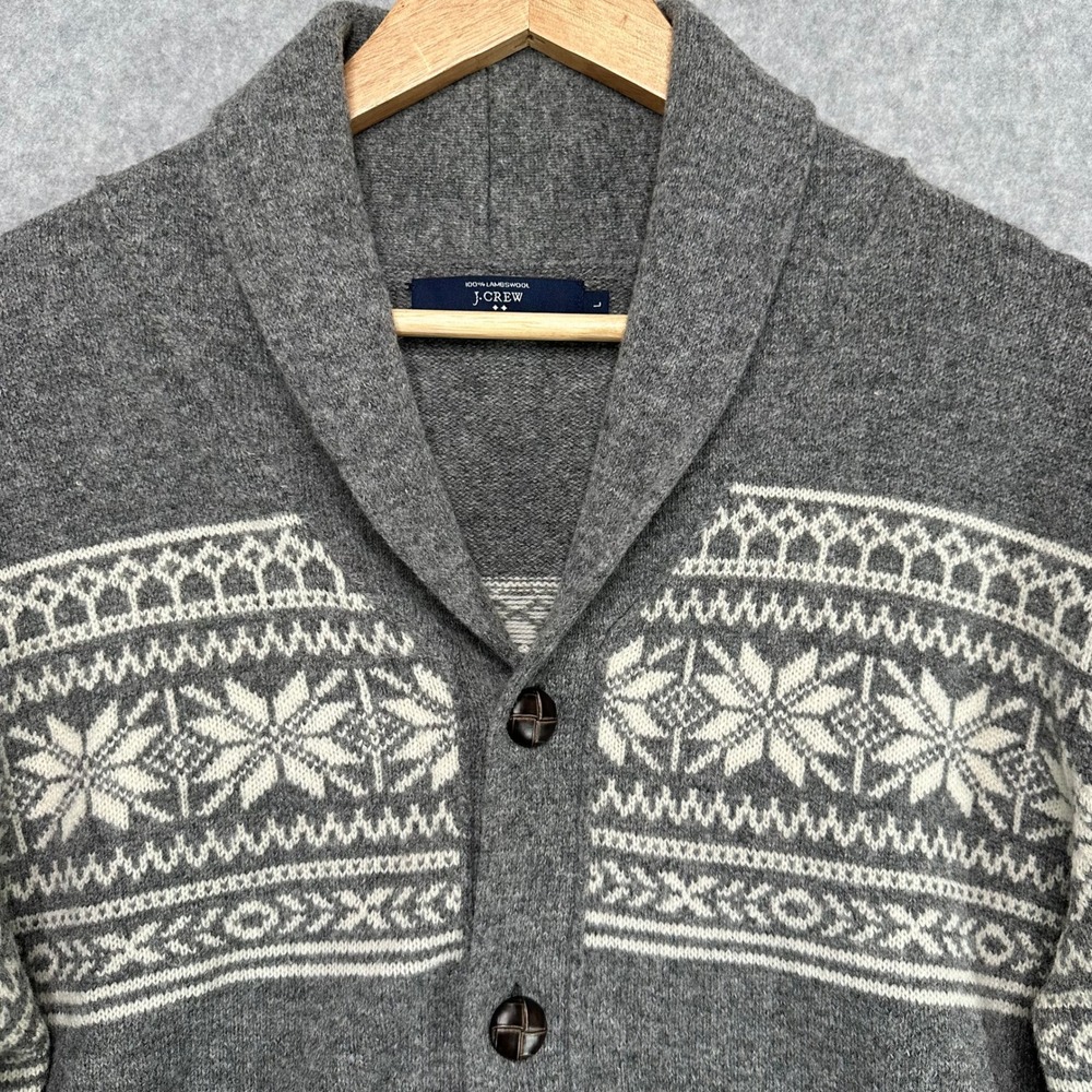 J‎ Crew Mens Gray Fair Isle Shawl Collar Cardigan Sweater Lambswool Size L NEW
